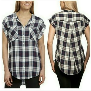 Cap sleeve plaid tunic button-up shirt